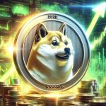 A detailed depiction of a physical representation of Dogecoin in the center of the image, looking polished and particularly big. It is surrounded by a bright, energetic aura, illustrating its surge. In the background, an abstract representation of a bullish stock market rally is visible, full of up-trending green stock market graphs and charts. The scene is enveloped in a color palette indicative of positivity and growth. The image is rendered in a high-definition, realistic style.