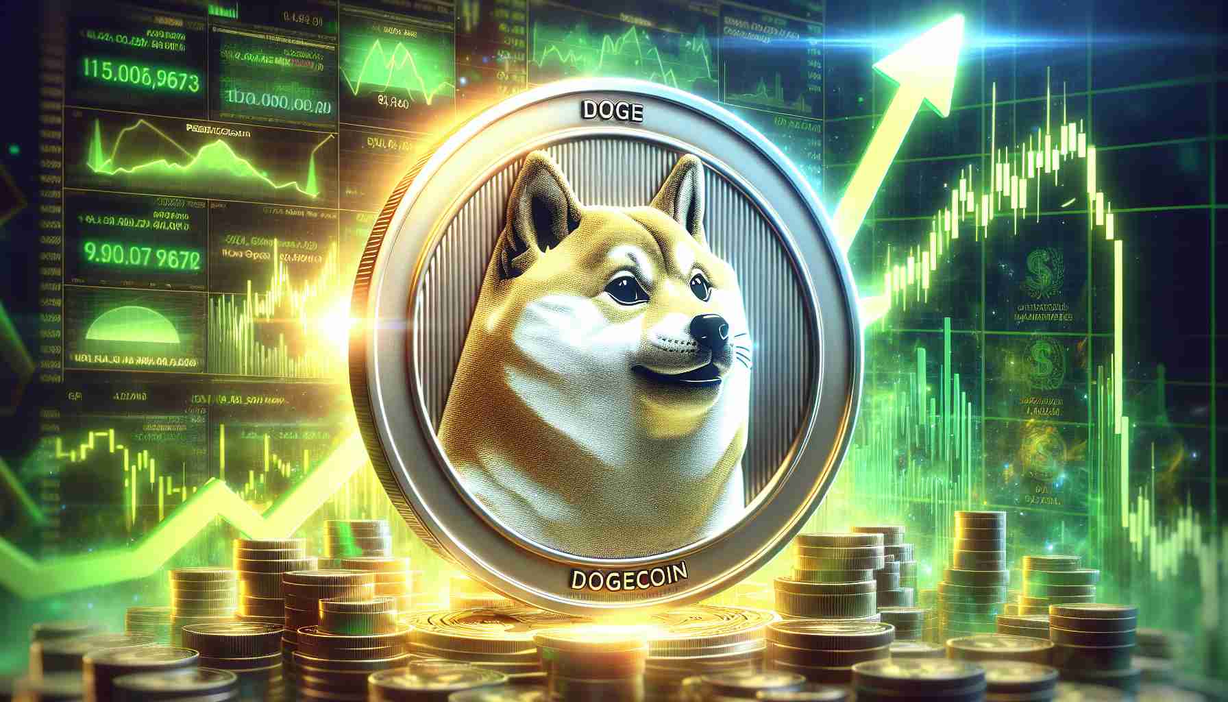 A detailed depiction of a physical representation of Dogecoin in the center of the image, looking polished and particularly big. It is surrounded by a bright, energetic aura, illustrating its surge. In the background, an abstract representation of a bullish stock market rally is visible, full of up-trending green stock market graphs and charts. The scene is enveloped in a color palette indicative of positivity and growth. The image is rendered in a high-definition, realistic style.