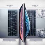 A realistic, high-definition illustration showcasing a comparison between Apple's MacBook Air and MacBook Pro models. The image presents the two models side by side, each with visible distinctive features, such as weight, thinness, and physical dimensions. Make sure to include representations of the keyboards, trackpads, display screens, available ports, and any color differences between the models. Please, do not show any brand logos or trademarks.