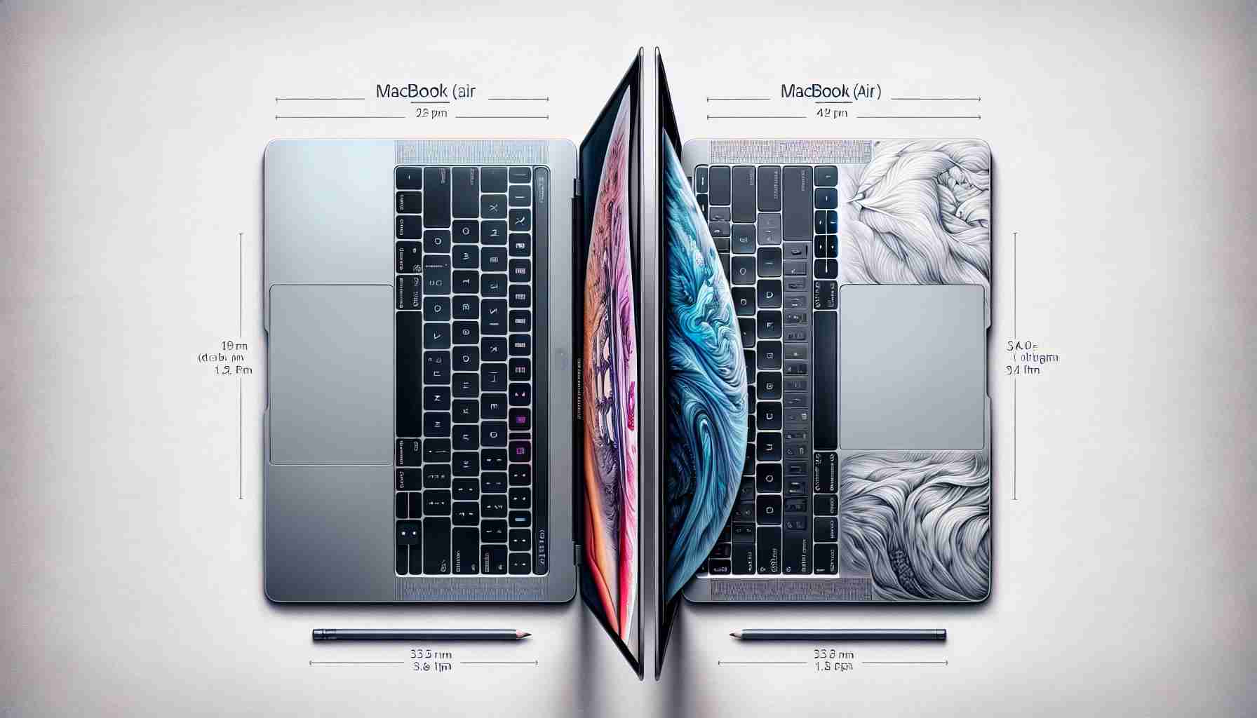 A realistic, high-definition illustration showcasing a comparison between Apple's MacBook Air and MacBook Pro models. The image presents the two models side by side, each with visible distinctive features, such as weight, thinness, and physical dimensions. Make sure to include representations of the keyboards, trackpads, display screens, available ports, and any color differences between the models. Please, do not show any brand logos or trademarks.