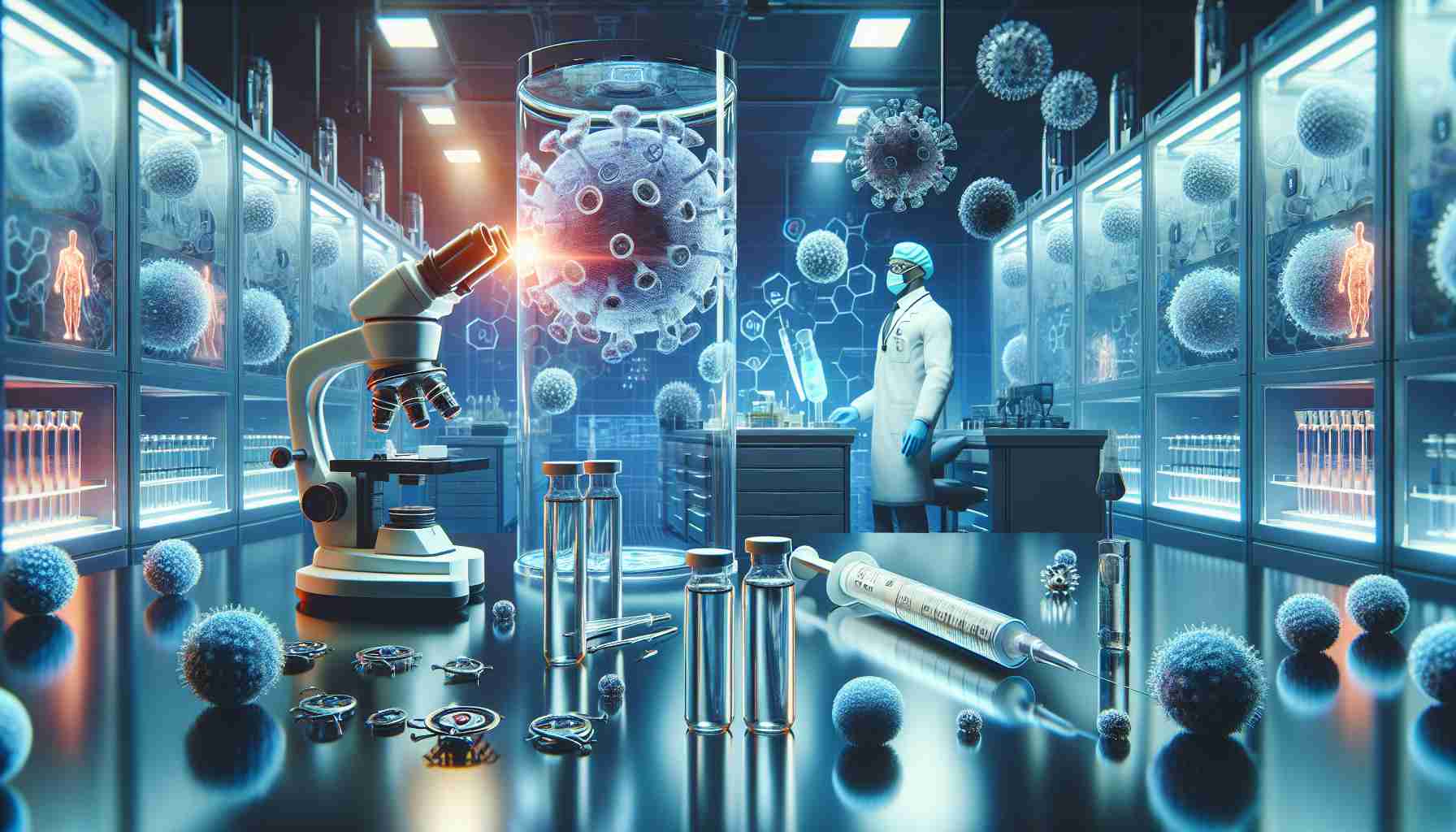 Generate a high-definition, photorealistic image showing the concept of a new groundbreaking vaccine that could revolutionize the treatment for challenging pathogens. The image should illustrate a medical lab with sophisticated apparatus, perhaps a microscopic view of the new vaccine combating the invading microbes, and a sense of optimism reflecting the medical advancement. No specific individual or characters should be in the scene, to keep the focus on the scientific breakthrough.