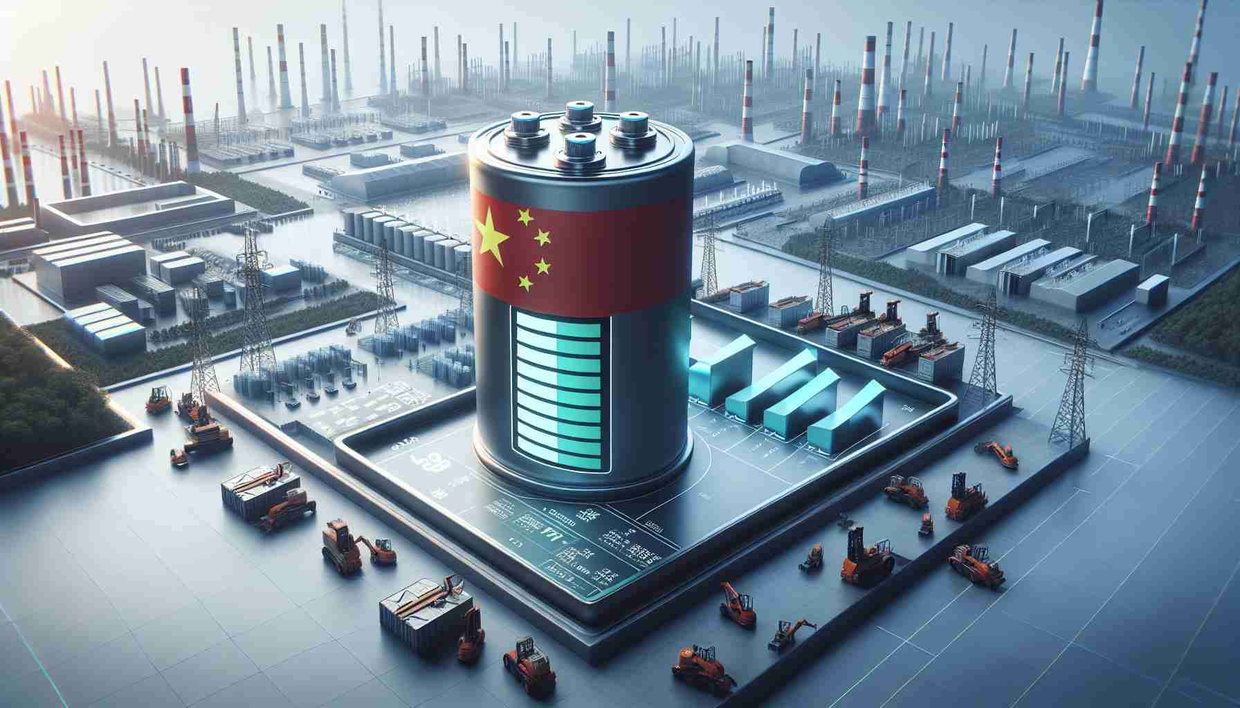 High-definition realistic image of a conceptual representation of China's influence in the field of energy storage batteries. A large battery with Chinese motifs in the background, possibly overlooking a diverse landscape of various energy facilities. Use subtle visual elements to depict the issue at hand, such as a pie chart showing market shares or a balance scales showing dominance.