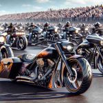 A high-definition, realistic image of a fierce competition known as 'The Battle of the Baggers'. Various motorcycle brands participate with their unique cruisers, focusing on their distinct features and details. The scene captures the energy, the thrill of the competition, and the beauty of the bikes, with an emphasis on the design and technology of each unique cruiser. The cycles are on a neatly paved road under a clear sky, surrounded by an enthusiastic audience, and the atmosphere is charged with excitement and the rumble of engines.