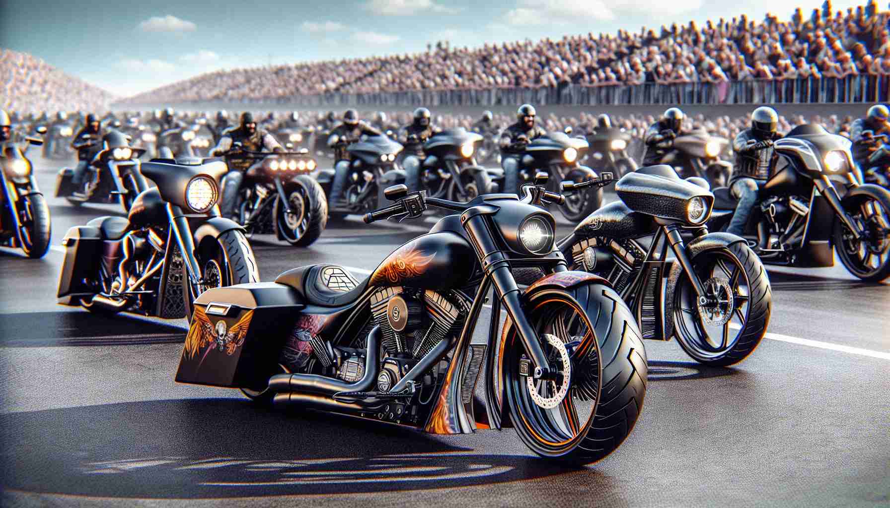 A high-definition, realistic image of a fierce competition known as 'The Battle of the Baggers'. Various motorcycle brands participate with their unique cruisers, focusing on their distinct features and details. The scene captures the energy, the thrill of the competition, and the beauty of the bikes, with an emphasis on the design and technology of each unique cruiser. The cycles are on a neatly paved road under a clear sky, surrounded by an enthusiastic audience, and the atmosphere is charged with excitement and the rumble of engines.