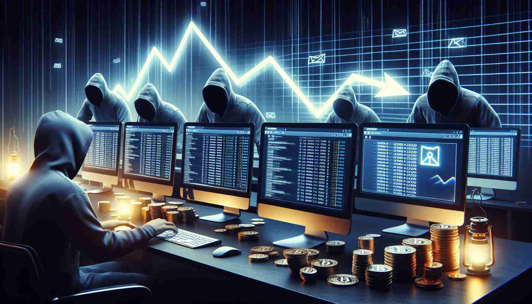 Create a realistic HD image that depicts the surge in phishing attacks leading to massive cryptocurrency losses. The scene should consist of computer screens showing multiple open phishing emails, alongside a descending graph illustrating decline in cryptocurrency value, all set in a dark room with a gloomy atmosphere to reflect the seriousness of the situation.