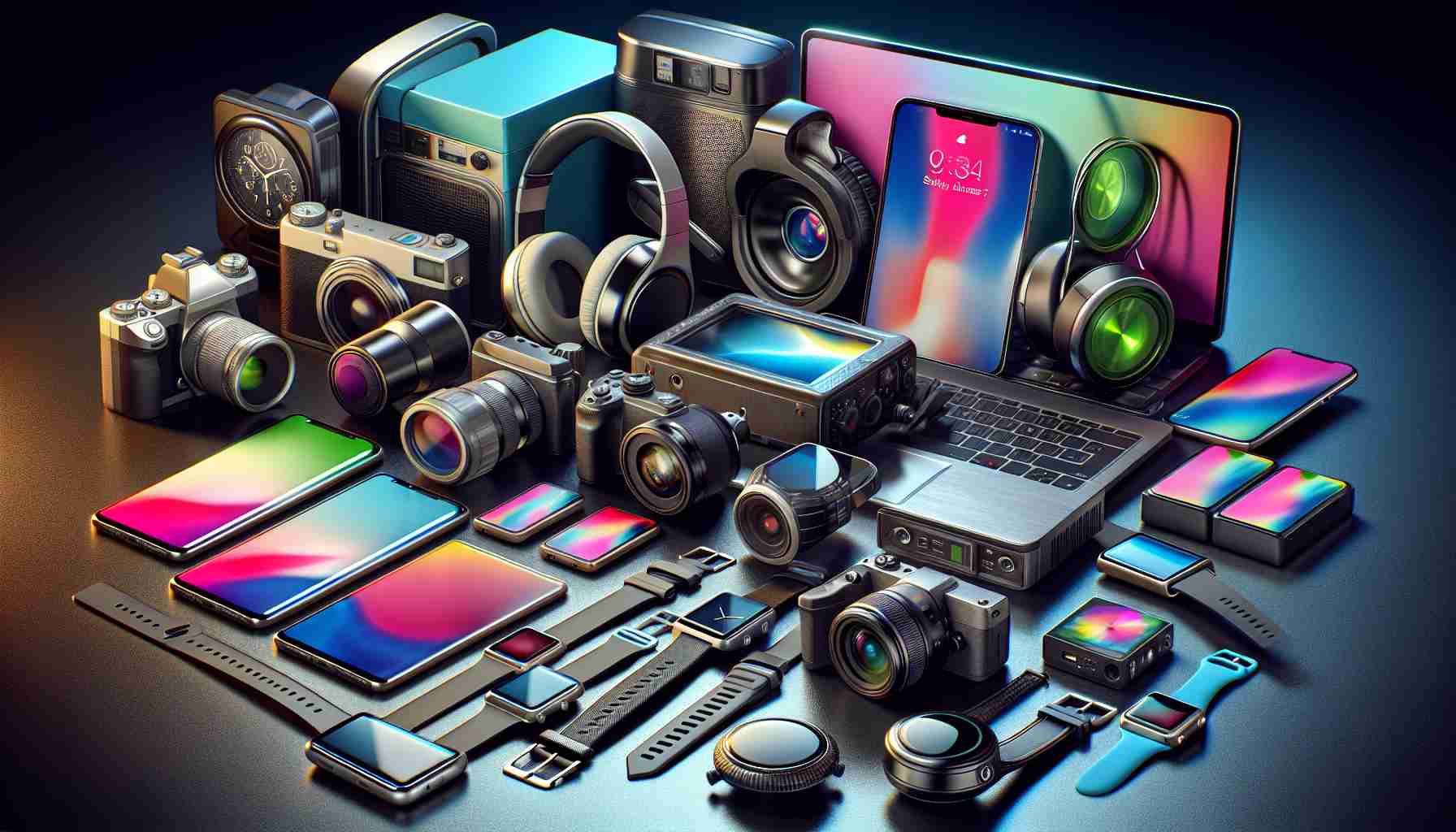 High Definition image showing an assortment of cutting-edge technology gadgets that are favored by bargain hunters. Include diverse products such as smartphones, headphones, smart watches, laptops, and digital cameras that represent high value for their cost. Make each gadget look highly detailed, modern, and desirable, conveying a sense of great deals for budget-conscious technology enthusiasts.