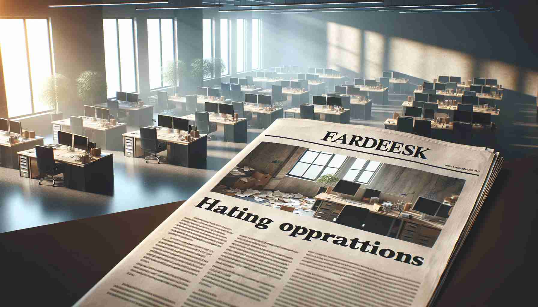 Realistic high-definition image of the announcement of a business named 'Fairdesk' halting operations due to a changing regulatory landscape. Imagine this as a newspaper headline, with a subdued office setting photo as the background. The office should show empty workstations, idle computers, and leftover stationery, indicating the cessation of activities.