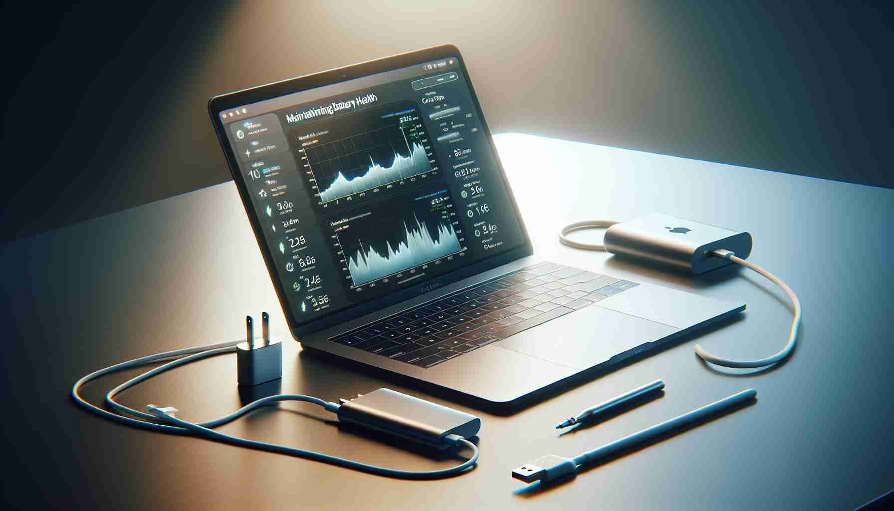 A high-definition, realistic image depicting the process of maintaining a MacBook's battery health. The scene should include a MacBook laptop with its screen displaying graphs and metrics related to battery health. Accessories that may be associated with maintaining battery health, such as a charger, could be present in the background. The lighting should be soft, illuminating the MacBook and its screen, but a visible, casual setting, perhaps a desk or a workspace would be ideal. The composition should give an emphasis on care and maintenance of technological devices.