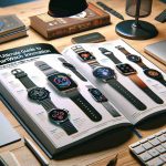 A realistic, high-definition image of a comprehensive guidebook titled 'The Ultimate Guide to Smartwatch Innovation: Which Device Reigns Supreme?'. The book lays open showing vivid illustrations of various smartwatch models and their innovative features juxtaposed with succinct descriptions. The scene is composed in a professional, perhaps academic context, with a backdrop of an organized desk workspace with a sleek laptop, neat stationery, and a stylish desk lamp contributing to the ambiance.