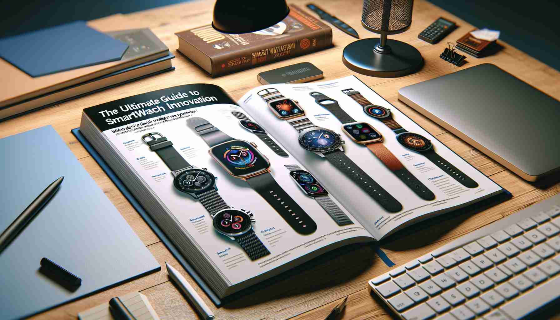 A realistic, high-definition image of a comprehensive guidebook titled 'The Ultimate Guide to Smartwatch Innovation: Which Device Reigns Supreme?'. The book lays open showing vivid illustrations of various smartwatch models and their innovative features juxtaposed with succinct descriptions. The scene is composed in a professional, perhaps academic context, with a backdrop of an organized desk workspace with a sleek laptop, neat stationery, and a stylish desk lamp contributing to the ambiance.