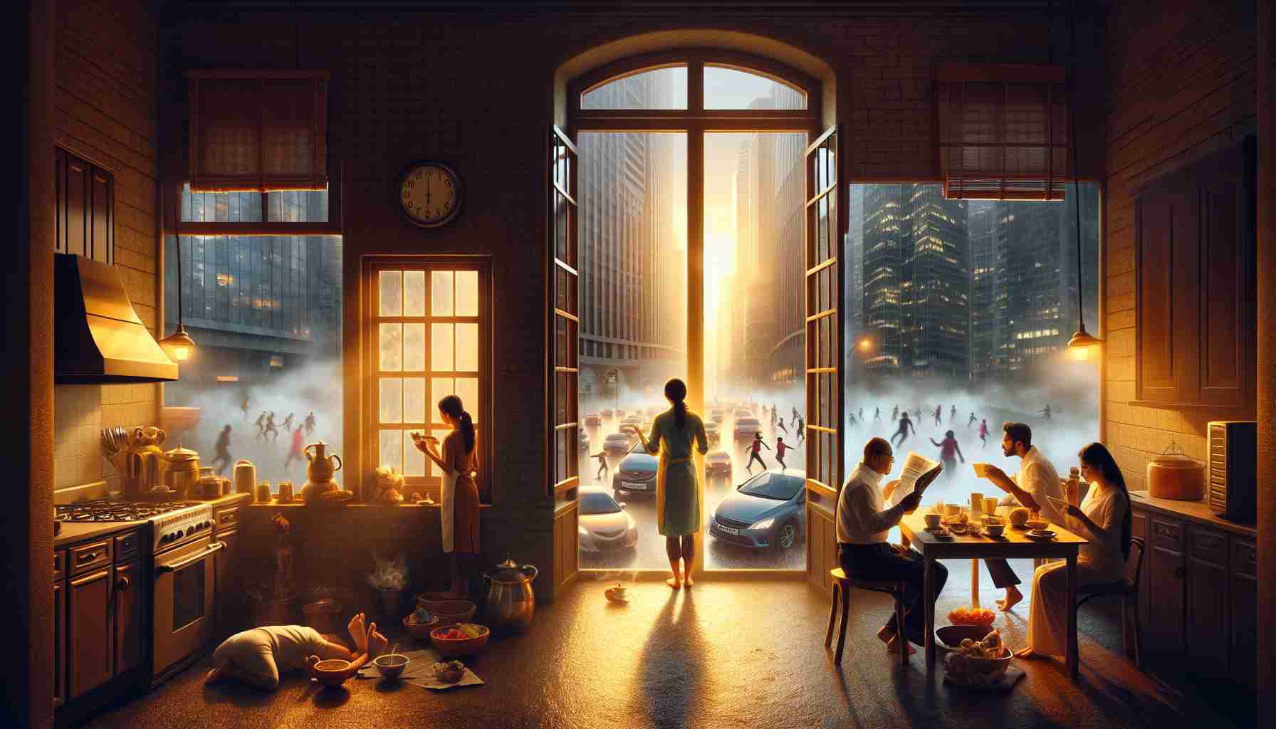 Create a high-definition, realistic image that portrays a scene of morning rituals amidst a chaotic world. The setting should be a serene indoor environment glowing with early morning sunlight, while a window reveals the chaotic scene outside. Within this calming oasis, imagine an individual of South Asian descent, stirring a cup of coffee in their kitchen, another individual of Hispanic descent reading a newspaper, and a third individual of Caucasian descent meditating in a corner. Outside the window, the world is frenzied with people rushing, cars horns blaring, and buildings standing amidst a stormy atmosphere.