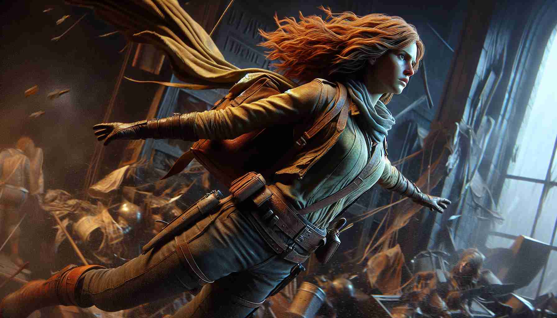 Detailed and realistic high-definition image of a scene inspired by 'New Adventures', depicting a female protagonist, Agatha, in a moment of emancipation. The setting is in an action-packed scape, the composition highlighting the idea of 'Breaking Free'.