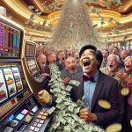 A display of a remarkable, significant event in the world of fortune gaming: Imagine a high-definition view of a grand casino slot machine extravagantly celebrating a huge win. A lucky player, a middle-aged South Asian male, beams with surprise and delight as the machine spews tokens like a waterfall. His winnings, a life-changing amount flashed on the digital screens; perhaps in the form of numbers, symbols, or colorful graphics. Around him, a stunned crowd of various men and women of different ages absorb this moment of thrill, a manifestation of someone's luck turning around extravagantly.