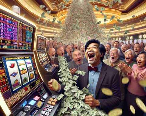 A display of a remarkable, significant event in the world of fortune gaming: Imagine a high-definition view of a grand casino slot machine extravagantly celebrating a huge win. A lucky player, a middle-aged South Asian male, beams with surprise and delight as the machine spews tokens like a waterfall. His winnings, a life-changing amount flashed on the digital screens; perhaps in the form of numbers, symbols, or colorful graphics. Around him, a stunned crowd of various men and women of different ages absorb this moment of thrill, a manifestation of someone's luck turning around extravagantly.