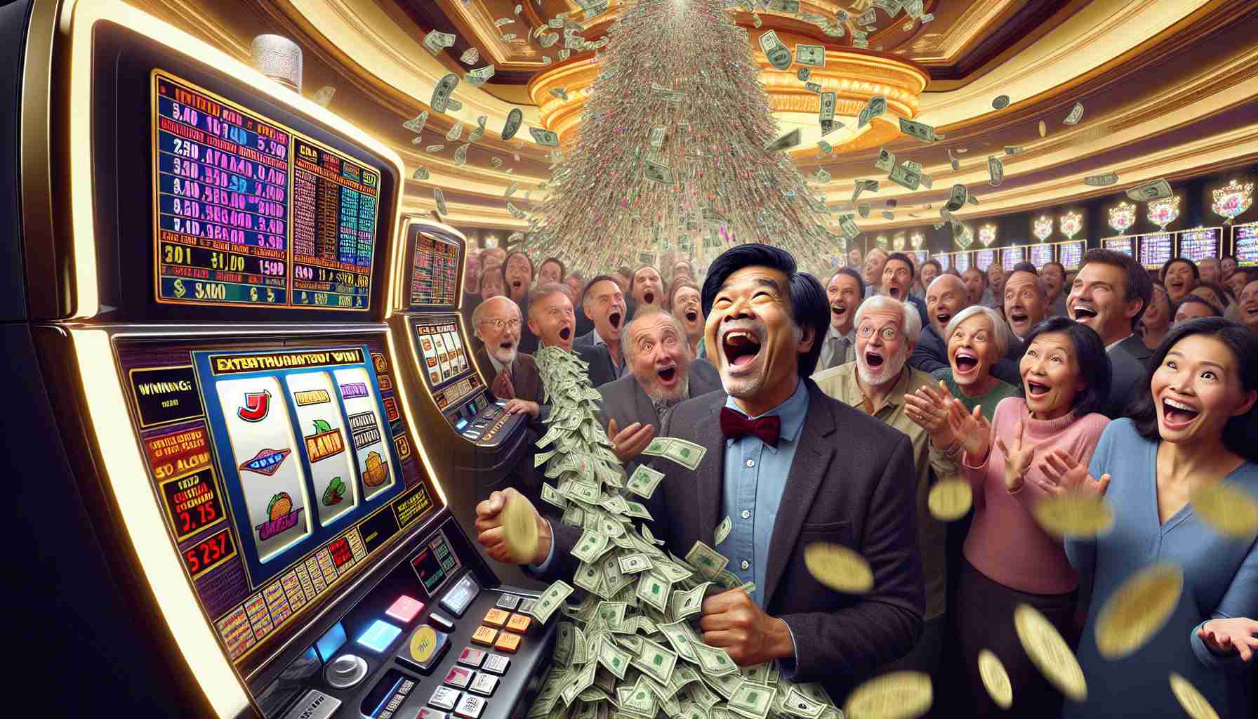 A display of a remarkable, significant event in the world of fortune gaming: Imagine a high-definition view of a grand casino slot machine extravagantly celebrating a huge win. A lucky player, a middle-aged South Asian male, beams with surprise and delight as the machine spews tokens like a waterfall. His winnings, a life-changing amount flashed on the digital screens; perhaps in the form of numbers, symbols, or colorful graphics. Around him, a stunned crowd of various men and women of different ages absorb this moment of thrill, a manifestation of someone's luck turning around extravagantly.