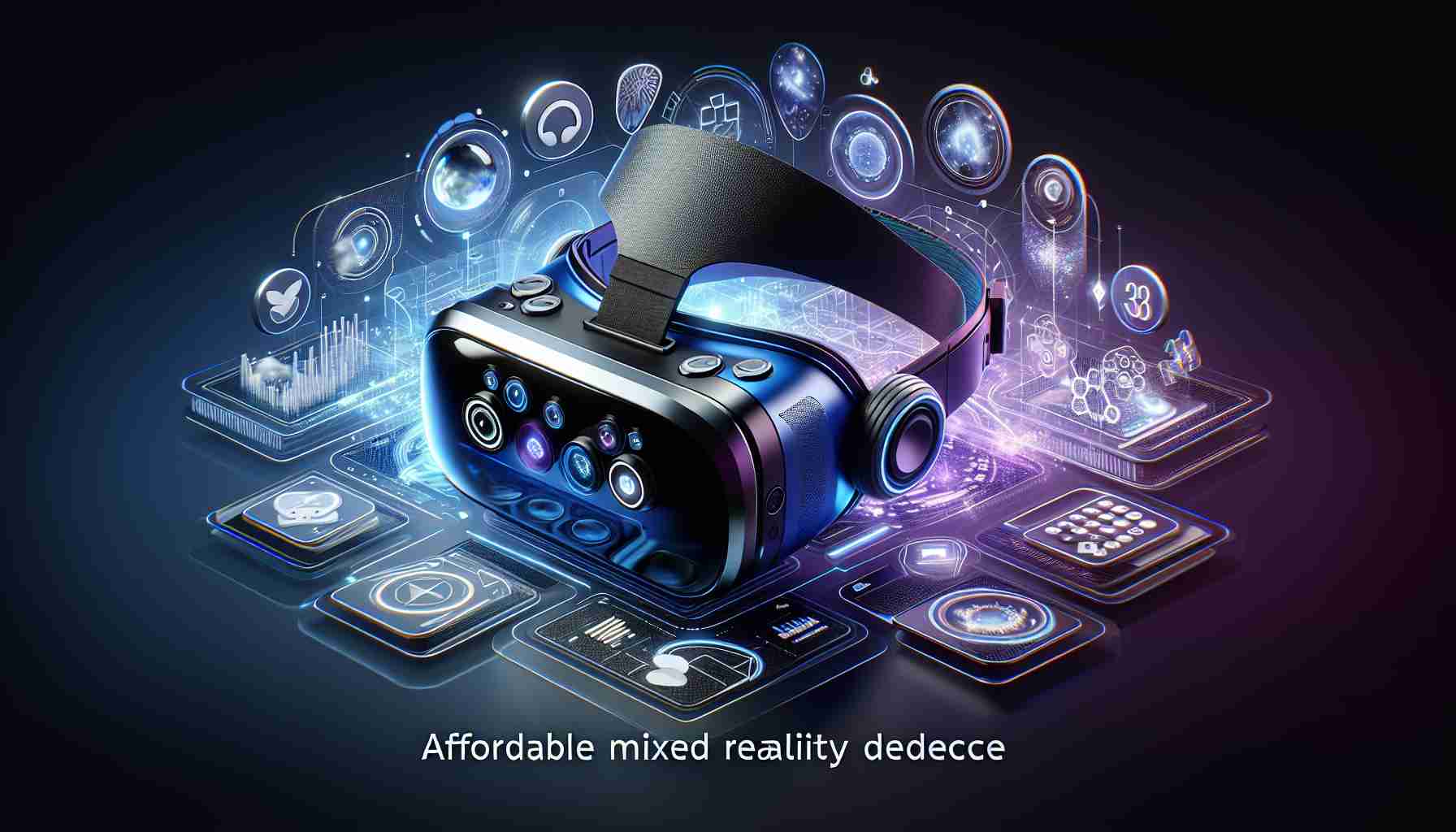 High-definition depiction of an affordable mixed reality device, portraying advancements in technology. Conceptualize the futuristic device as a sleek, wearable headset with feature-rich controls and an inviting design. Surround the device with symbolic elements that hint at immersive experiences, like floating holographic images, dynamic touch interfaces, or 3D spaces. Please do not include any specific brand names or logos in the image.