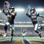 High definition, realistic image of a pivotal moment in an American football game: star receivers from the 'Rams' team make a significant transformation in the game. The scene is set on the professional football field; the crowd in the background is in a state of heightened excitement. Two athletic players, one of Hispanic descent and the other of Middle-Eastern descent, are seen leaping mid-air to catch the football. Both are wearing the blue and gold colored uniforms of the Rams team, their faces are focused and determined.