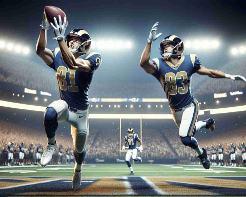 High definition, realistic image of a pivotal moment in an American football game: star receivers from the 'Rams' team make a significant transformation in the game. The scene is set on the professional football field; the crowd in the background is in a state of heightened excitement. Two athletic players, one of Hispanic descent and the other of Middle-Eastern descent, are seen leaping mid-air to catch the football. Both are wearing the blue and gold colored uniforms of the Rams team, their faces are focused and determined.