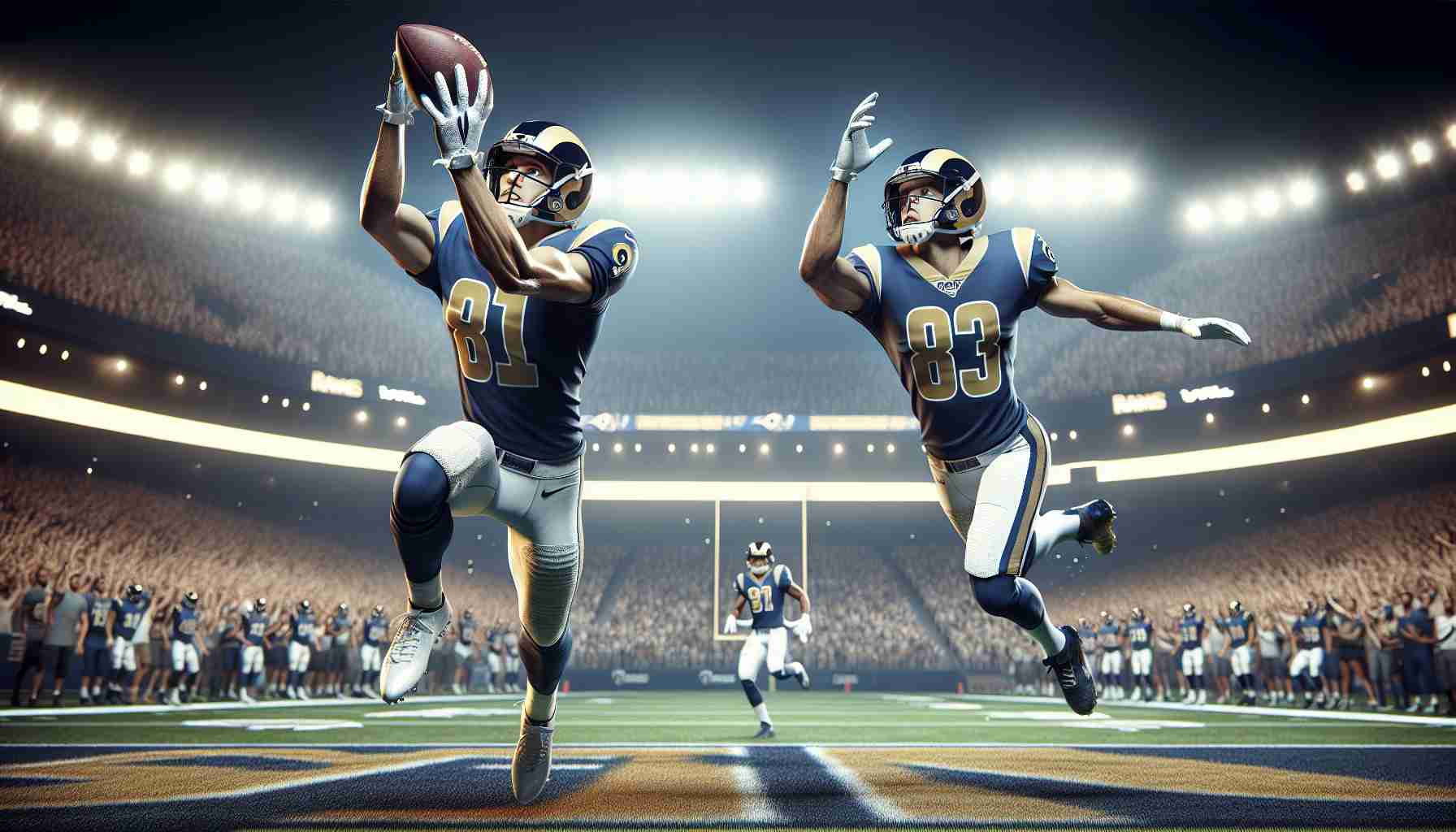 High definition, realistic image of a pivotal moment in an American football game: star receivers from the 'Rams' team make a significant transformation in the game. The scene is set on the professional football field; the crowd in the background is in a state of heightened excitement. Two athletic players, one of Hispanic descent and the other of Middle-Eastern descent, are seen leaping mid-air to catch the football. Both are wearing the blue and gold colored uniforms of the Rams team, their faces are focused and determined.