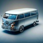 Generate a realistic, high-definition image of a modern interpretation of a classic vehicle, similar to an iconic van. The vehicle should steal design cues from past models but incorporate contemporary innovations. This image should showcase a sophisticated blend of past and future, bringing an iconic shape into the 21st century.