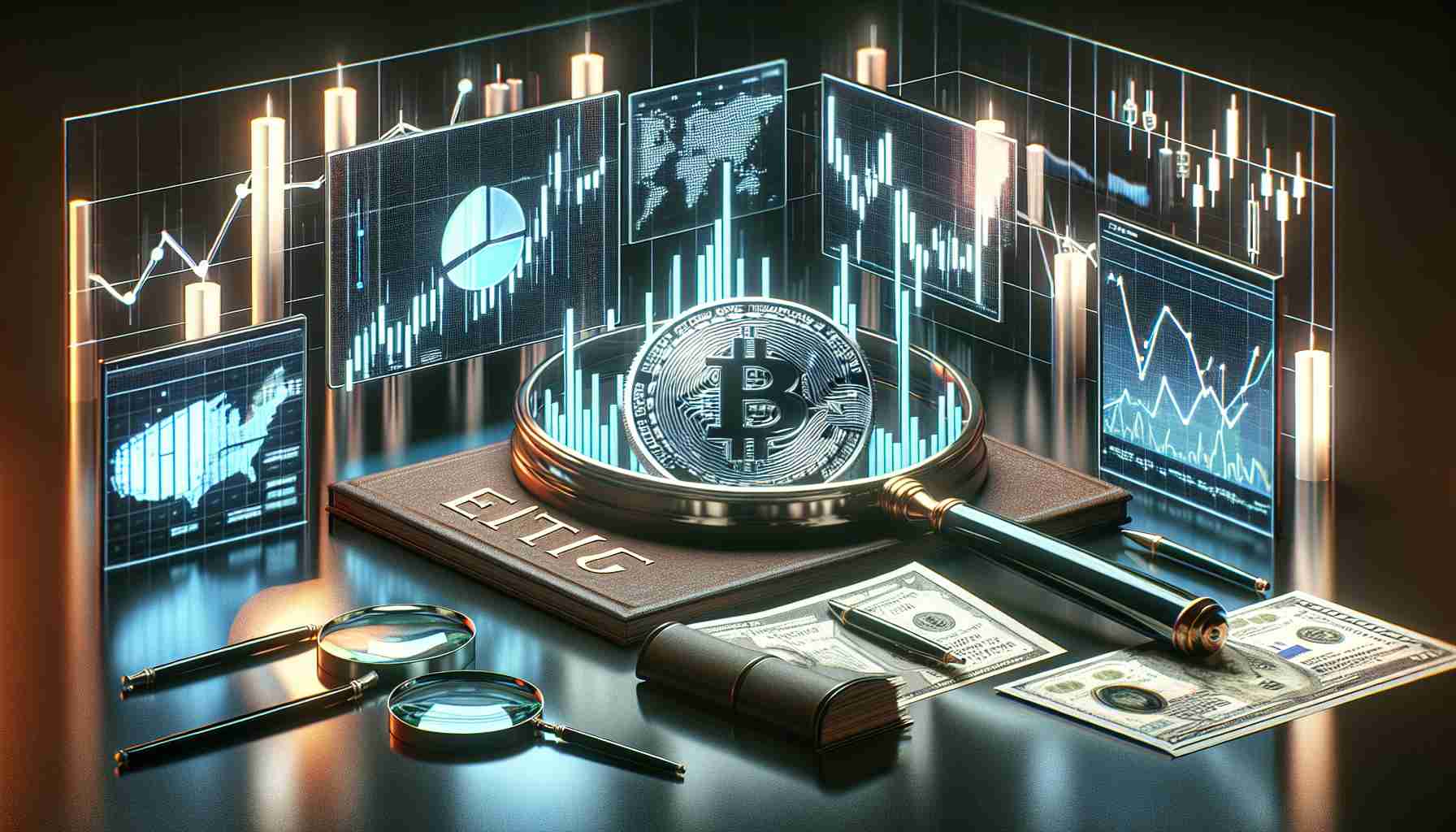 High-definition, realistic image showing a concept of an ETF filing related to a digital currency under the scrutiny of regulatory bodies. The image should reflect the serious nature of the process and could potentially include elements such as an array of digital screens displaying graphs, cryptocurrency symbols, legal documents, a magnifying glass symbolizing investigation, and perhaps a symbolic representation of clash between crypto innovation and conservative regulatory framework.