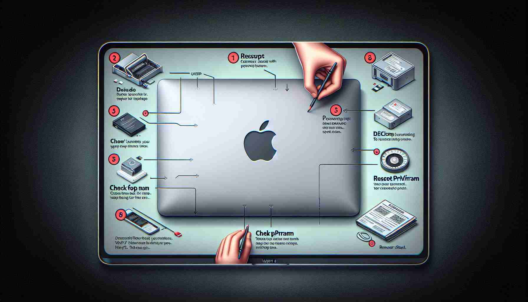 A detailed and realistic, high-definition image showcasing a step-by-step guide on resolving common issues with a popular laptop model. The image should include various steps like restarting the laptop, checking for updates, resetting PRAM/NVRAM, etc. The laptop should be sleek, aluminum colored with a fruit-shaped logo on the back. Displaying when the laptop is turned on and showing concise steps on how to perform the various solutions.