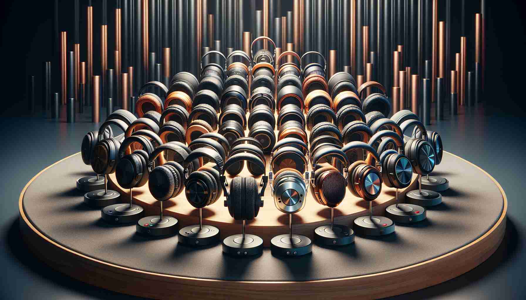 Create a high-definition realistic image of an audiophile's landscape. The focus should be on a wide variety of top-notch headphones arranged in a spectrum, each nested on an individual stand. The materials vary from plastic, metal to wooden, each reflecting high-fidelity sound manufacturing. The background should showcase a sound wave pattern, subtly hinting the harmonic experience these headphones provide. The lighting should be soft yet ample, beautifully highlighting the curves and design of each headphone. Please exclude any logos or brand names.