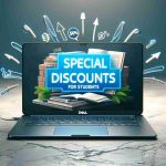 Create a high-definition, realistic image emphasizing the excitement of Dell's student discounts. The image should contain a laptop from Dell, viewable from the front with an open screen. There is a concrete background, with a vibrant blue caption saying 'Special discounts for students'. Animated arrows point toward the laptop, suggesting excitement.