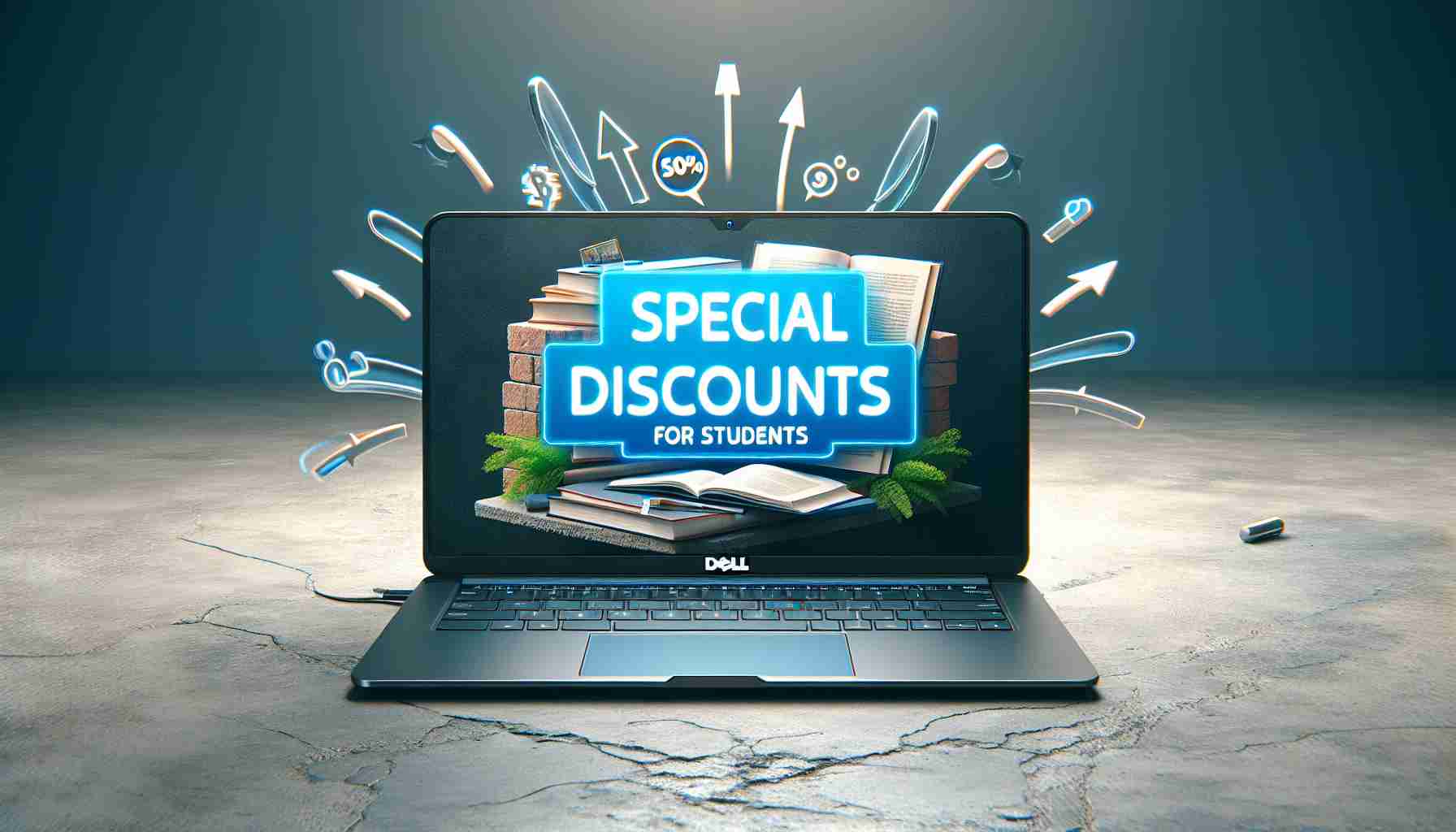 Create a high-definition, realistic image emphasizing the excitement of Dell's student discounts. The image should contain a laptop from Dell, viewable from the front with an open screen. There is a concrete background, with a vibrant blue caption saying 'Special discounts for students'. Animated arrows point toward the laptop, suggesting excitement.