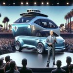 Create a detailed image of an influential tech executive, known for his work in space exploration and electric cars, introducing a ground-breaking autonomous taxi on a grand stage in Hollywood. This tech leader, with a mature physique and light hair, is presenting the revolutionary vehicle amidst the eager audience and countless cameras flashing. The vehicle is sleek, futuristic, with subtle blue undertones, and it hints at a promising future of automated transportation.