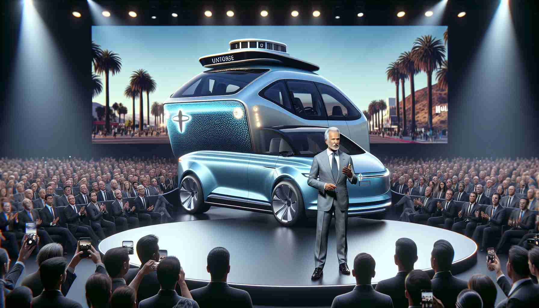 Create a detailed image of an influential tech executive, known for his work in space exploration and electric cars, introducing a ground-breaking autonomous taxi on a grand stage in Hollywood. This tech leader, with a mature physique and light hair, is presenting the revolutionary vehicle amidst the eager audience and countless cameras flashing. The vehicle is sleek, futuristic, with subtle blue undertones, and it hints at a promising future of automated transportation.