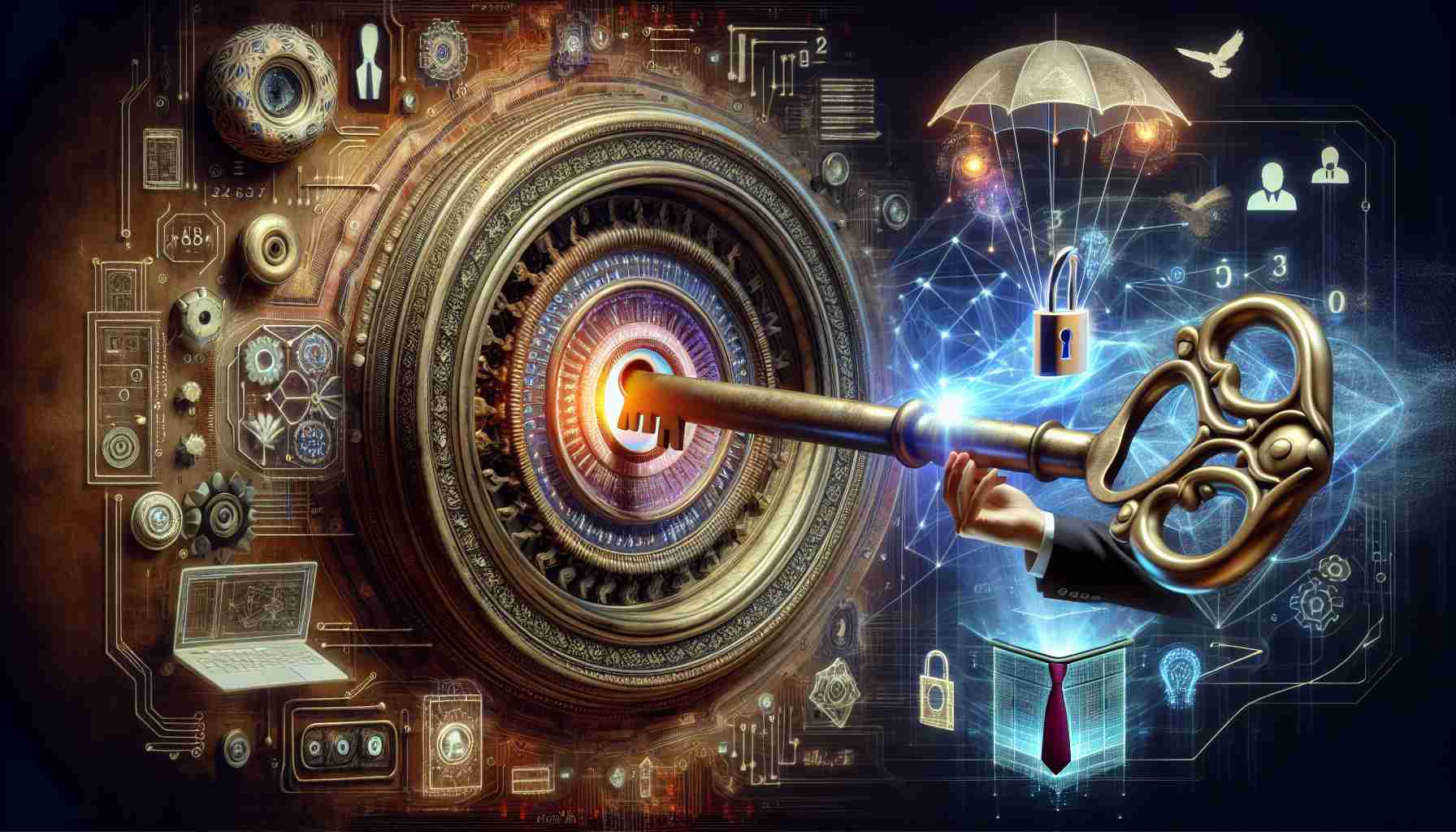 Generate a detailed, high definition image of a concept representing 'Unlocking the Secrets to GenAI: What CIOs Must Know Now!'. This concept could be symbolized by a large antique key being inserted into a lock that's part of an enigmatic device, which is unraveling complex mechanisms within. The entire setting is lit by the soft glow of artificial intelligence-inspired design elements. Perhaps include visible algorithms and AI graphic elements floating around, representing the 'secrets'. Juxtapose these elements with icons representing CIOs - a tie, a laptop or glasses, to represent their necessity in this process.