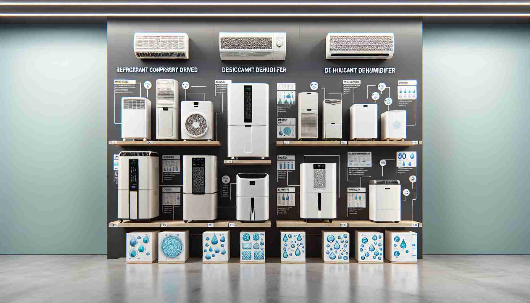 An HD photo that provides a realistic visual presentation of different options when it comes to dehumidifiers. The image includes various types of dehumidifiers, such as refrigerant (compressor) driven, desiccant dehumidifiers, and whole-house dehumidifiers. Each dehumidifier has a label highlighting its specific type and defining features. The setting is a modern, well-lit store setting, with rows of shelves presenting these models. Bonus points if the image also captures the differences in sizes, capacities, and designs of these appliances for further understanding.