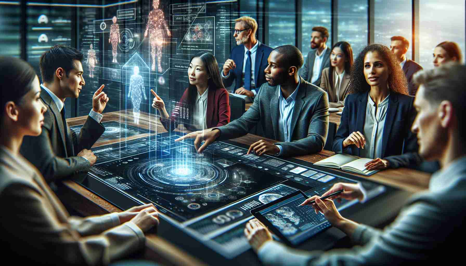 A high-definition, realistic image capturing the essence of technology discussions. The image could include people of diverse descents and genders in a sophisticated setting like a tech conference room. They might be engrossed in deep conversation and use a variety of high-tech devices - a woman of South Asian descent could be pointing towards a holographic display, a Caucasian man might be adjust settings on an advanced touch screen interface, and a Black woman could be taking notes on a high-tech tablet. The vibrancy of the technological discussion can be further depicted by the display of data analytics, coding languages or futuristic tech concept models in the background.