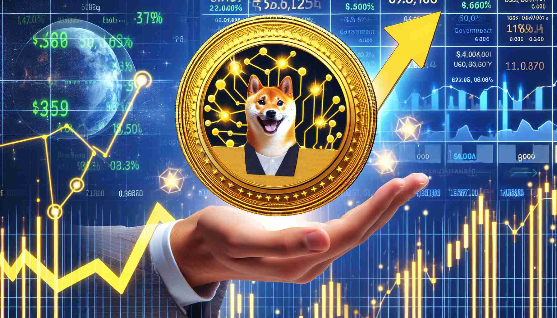 Generate a high-definition image depicting a surge in the value of a fictional cryptocurrency, represented as a golden coin with the emblem of a cheerful Shiba Inu dog, in response to a hypothetical government initiative. This initiative is announced by a renowned tech entrepreneur, recognized for his involvement in prosperous space exploration and electric vehicle manufacturing companies.