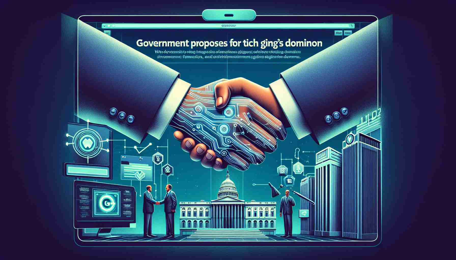 Visual interpretation of a hypothetical news headline: 'Government Proposes Changes for Tech Giant's Dominance'. Envisage a handshake between two individuals, symbolizing negotiation or agreement; include elements of technology and governance, such as modern electronic devices and official government buildings. Prioritize a high-definition, realistic style.