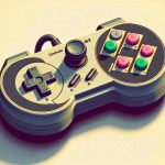 Generate a photorealistic high definition image of a new retro-inspired controller with 64 controls built for an analogue 3D gaming console. The gaming controller should feature an 8-bit style design, a D-pad, A, B, C, and D buttons, shoulder buttons, joystick and a classic curved body of old school controllers.