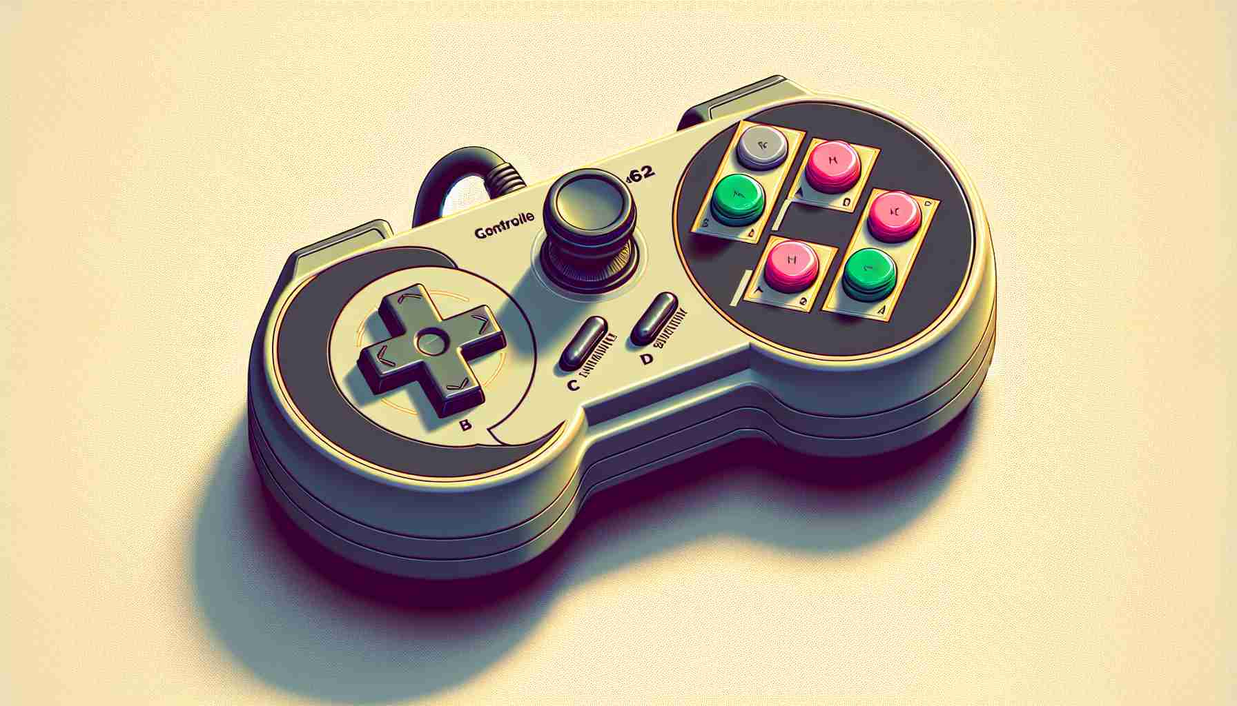 Generate a photorealistic high definition image of a new retro-inspired controller with 64 controls built for an analogue 3D gaming console. The gaming controller should feature an 8-bit style design, a D-pad, A, B, C, and D buttons, shoulder buttons, joystick and a classic curved body of old school controllers.