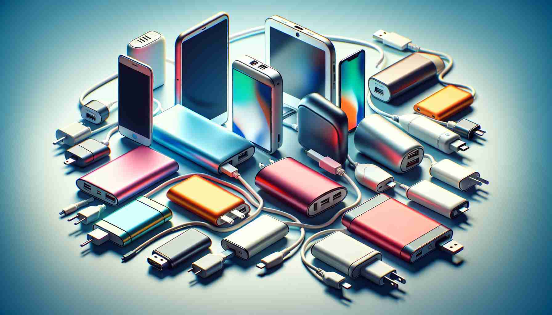 A high definition, lifelike image showcasing a variety of essential portable chargers. In this picture, imagine these compact devices plugged into various mobile devices, symbolizing their ability to power gadgets on the go. There should be different shapes and colors, reflecting the diversity in design and capacity of these useful technological tools. Exploring this picture, viewers should sense the convenience and portability these chargers bring to our modern, fast-paced lifestyle.