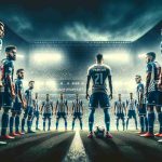 High-quality photo of an exciting sporting event. The players from Puebla football team are seen in a fierce stand-off against their opponents from the Chivas team. The atmosphere is thick with competition and the audience is on the edge of their seats, clearly anticipating a thrilling match. The floodlights illuminate the field, casting long shadows that add to the drama. The teams are of equal skill and fame, and each player's determination is evident on their faces. The soccer field is perfectly maintained, its greenery contrasting sharply with the team's vivid uniforms.