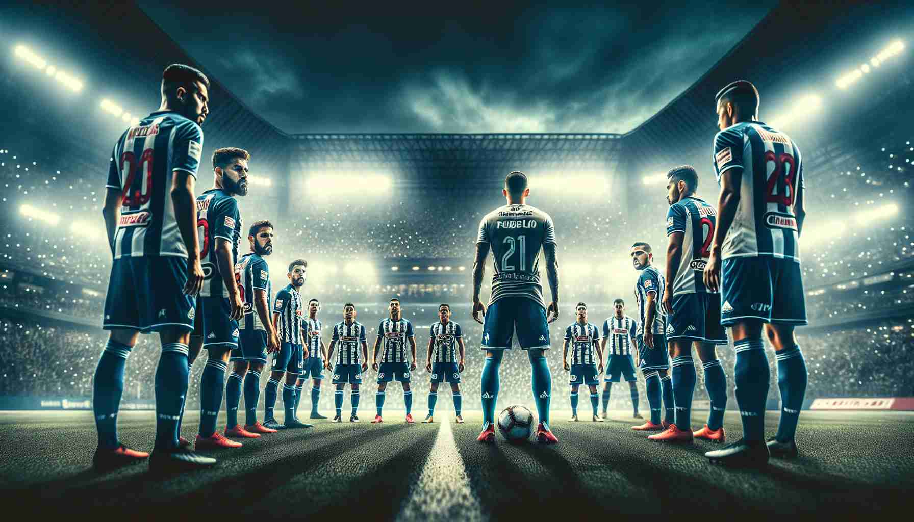 High-quality photo of an exciting sporting event. The players from Puebla football team are seen in a fierce stand-off against their opponents from the Chivas team. The atmosphere is thick with competition and the audience is on the edge of their seats, clearly anticipating a thrilling match. The floodlights illuminate the field, casting long shadows that add to the drama. The teams are of equal skill and fame, and each player's determination is evident on their faces. The soccer field is perfectly maintained, its greenery contrasting sharply with the team's vivid uniforms.