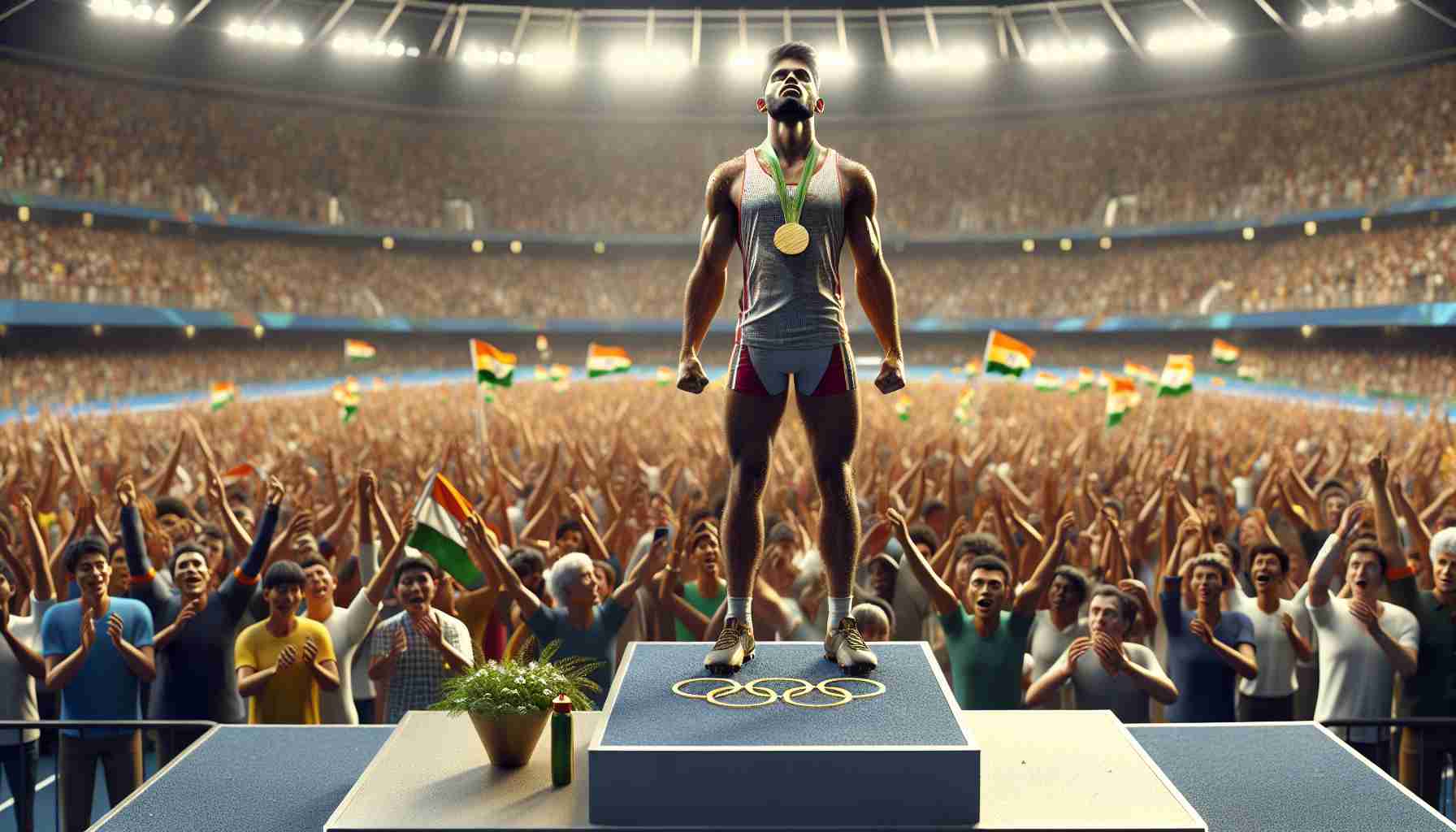 A high-definition, realistic image of an athlete at the Olympics, standing on the top podium with a gold medal around their neck. The athlete is of South Asian descent and is wearing a track and field costume. The crowd is in a frenzy, cheering and waving flags. Excitement and wonder fill the stadium as people ponder if this is the beginning of a winning streak for this champion.