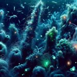 A vivid, high-definition image that accurately represents life flourishing in the profound depths of the ocean's abyss. Show various marine species uniquely adapted to live in the extreme conditions of the deep sea. Include a variety of structures like hydrothermal vents and cold seeps associated with such depths, emitting glows in different shades due to chemical reactions. The general color scheme includes dark blue and green hues to signify the lack of sunlight, intertwined with soft luminescent glows from bioluminescent sea creatures.