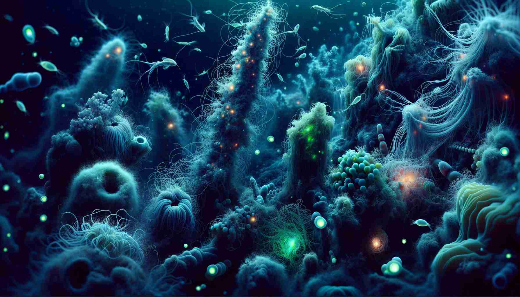 A vivid, high-definition image that accurately represents life flourishing in the profound depths of the ocean's abyss. Show various marine species uniquely adapted to live in the extreme conditions of the deep sea. Include a variety of structures like hydrothermal vents and cold seeps associated with such depths, emitting glows in different shades due to chemical reactions. The general color scheme includes dark blue and green hues to signify the lack of sunlight, intertwined with soft luminescent glows from bioluminescent sea creatures.