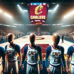 Realistic HD photo representing the moment of suspense and anticipation before a crucial basketball game. Focus on the home team, the Cavaliers, embodied by five anonymous figures, all dressed in the team's colors. The arena is filled with spectators, the team's logo on full display. The atmosphere is palpable, hinting at the question: Will the team rise to the occasion or falter in their important match?