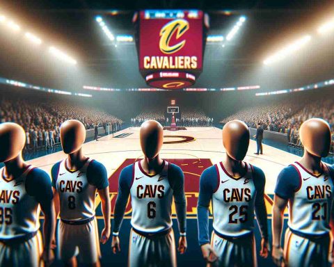 Realistic HD photo representing the moment of suspense and anticipation before a crucial basketball game. Focus on the home team, the Cavaliers, embodied by five anonymous figures, all dressed in the team's colors. The arena is filled with spectators, the team's logo on full display. The atmosphere is palpable, hinting at the question: Will the team rise to the occasion or falter in their important match?