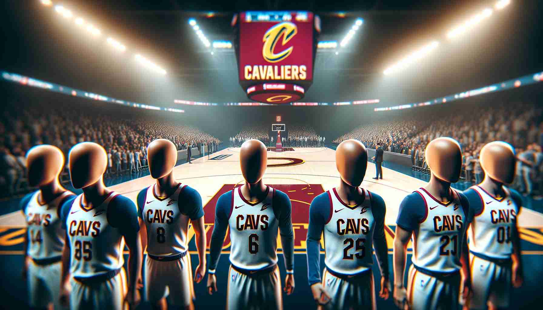 Realistic HD photo representing the moment of suspense and anticipation before a crucial basketball game. Focus on the home team, the Cavaliers, embodied by five anonymous figures, all dressed in the team's colors. The arena is filled with spectators, the team's logo on full display. The atmosphere is palpable, hinting at the question: Will the team rise to the occasion or falter in their important match?