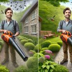 Realistically depicted high-definition image showing the surprising truth about leaf blowers that could revolutionize your approach to yard work. This could include a before and after comparison with major visible differences, or it could reveal the impact of using a leaf blower on the garden environment such as the displacement of small creatures or the change of the landscape.