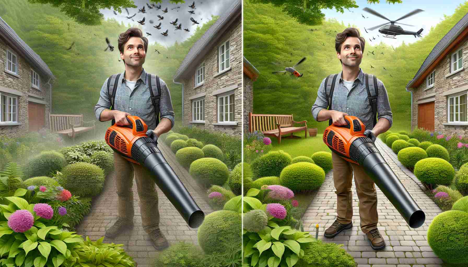 Realistically depicted high-definition image showing the surprising truth about leaf blowers that could revolutionize your approach to yard work. This could include a before and after comparison with major visible differences, or it could reveal the impact of using a leaf blower on the garden environment such as the displacement of small creatures or the change of the landscape.