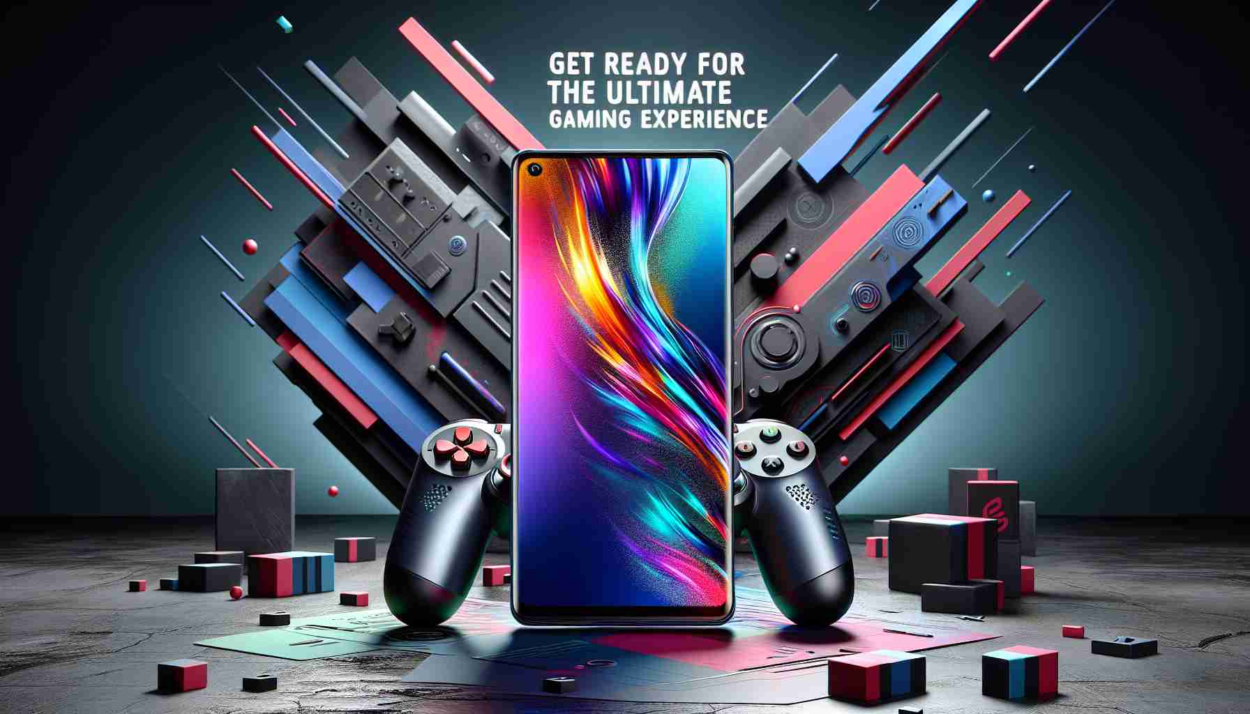 A realistic high definition image depicting the exciting arrival of a cutting-edge gaming phone. The mobile has a state-of-the-art design, with a large vibrant screen, dedicated gaming controls and an aesthetically appealing body. The backdrop features striking abstract graphic with words 'Get Ready for the Ultimate Gaming Experience.' The sense of anticipation is palpable.